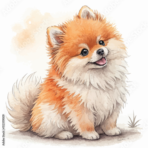 Fluffy orange Pomeranian puppy sitting and facing forward with blades of grass against a simple background.