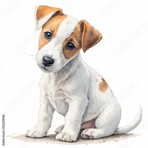 White and tan Jack Russell Terrier puppy with expressive blue eyes sitting and facing the viewer against a plain white background.
