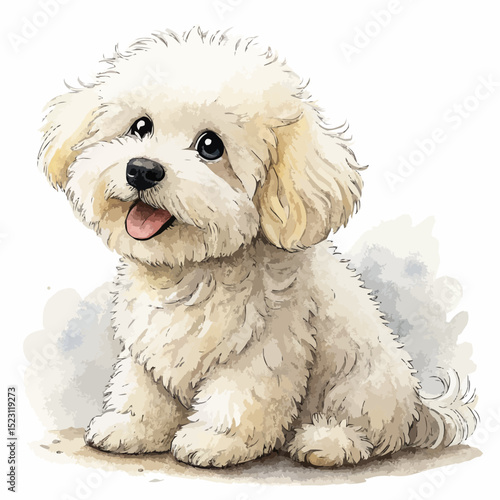 Fluffy light-cream Bichon Frise puppy with a happy expression sitting and facing the viewer against a muted watercolor wash.