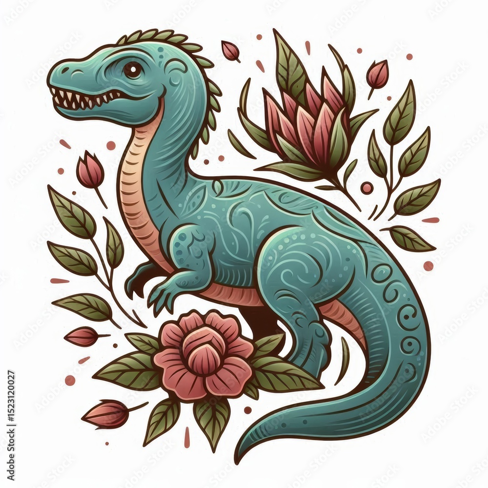 Obraz premium Cartoon Kronosaurus with Floral Adornments in Traditional Tattoo Style