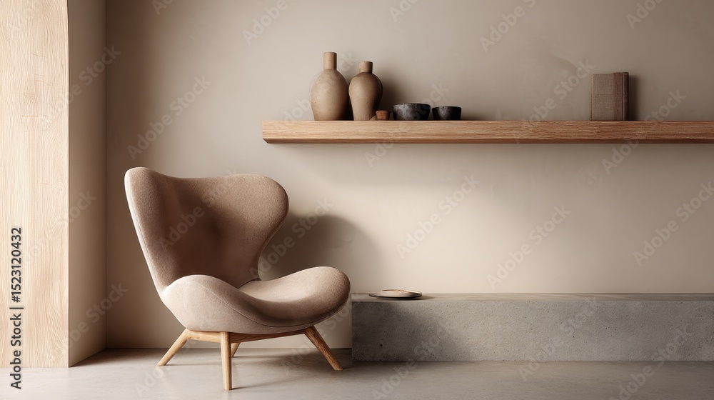 Obraz premium Minimalist modern living room with stylish chair and wooden shelf,japandi style