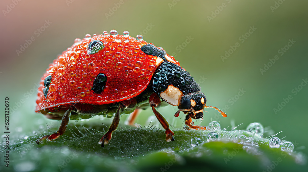Obraz premium Hyper realistic closeup of a ladybug walking on a dewy leaf