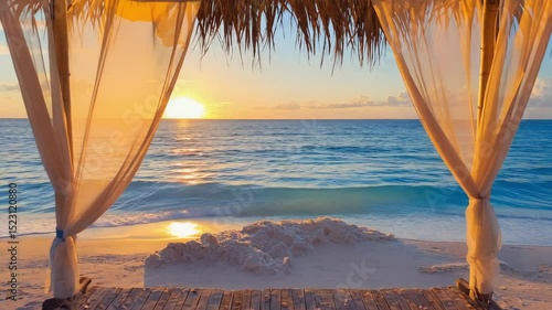 Wooden gazebo adorned with flowing white curtains, overlooking a stunning sunset on a tropical beach, creating a romantic and relaxing ambiance perfect for unforgettable moments