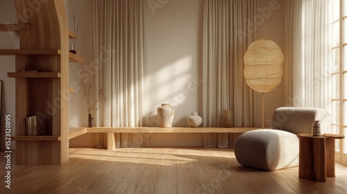 Minimalist sunlit living room interior design with natural elements,japandi style