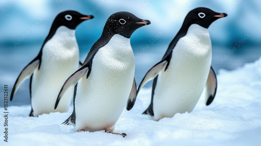 Obraz premium Three penguins on snowy ice