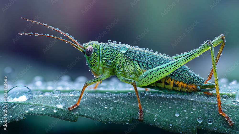 Fototapeta premium Highly detailed macro photo of a grasshopper with dew drops on body