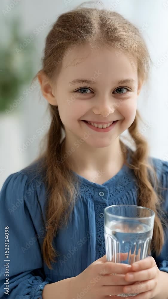 Young girl with pigtails smiles while holding a clear glass of water indoors in a bright, minimalist setting. Blue top, hydration. Young girl with pigtails smiles while holding a clear glass of water indoors in a bright, minimalist setting. Blue top, hydration.