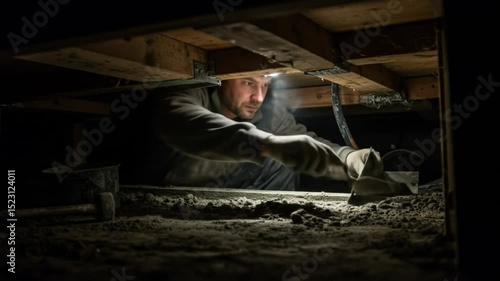 Man working in a dark crawl space with a headlamp and tools under wooden beams and insulation debris
