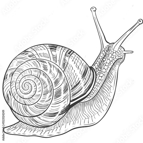 Detailed Line Art Illustration of a Snail with Shell and Antennae