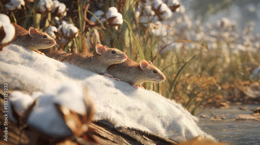Fototapeta premium A group of mice on a blanket beside water with cotton flowers in the backdrop