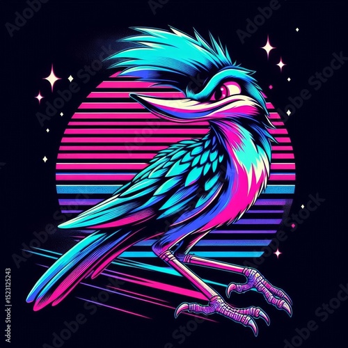 Surreal vaporwave roadrunner bird illustration with 80s aesthetic elements