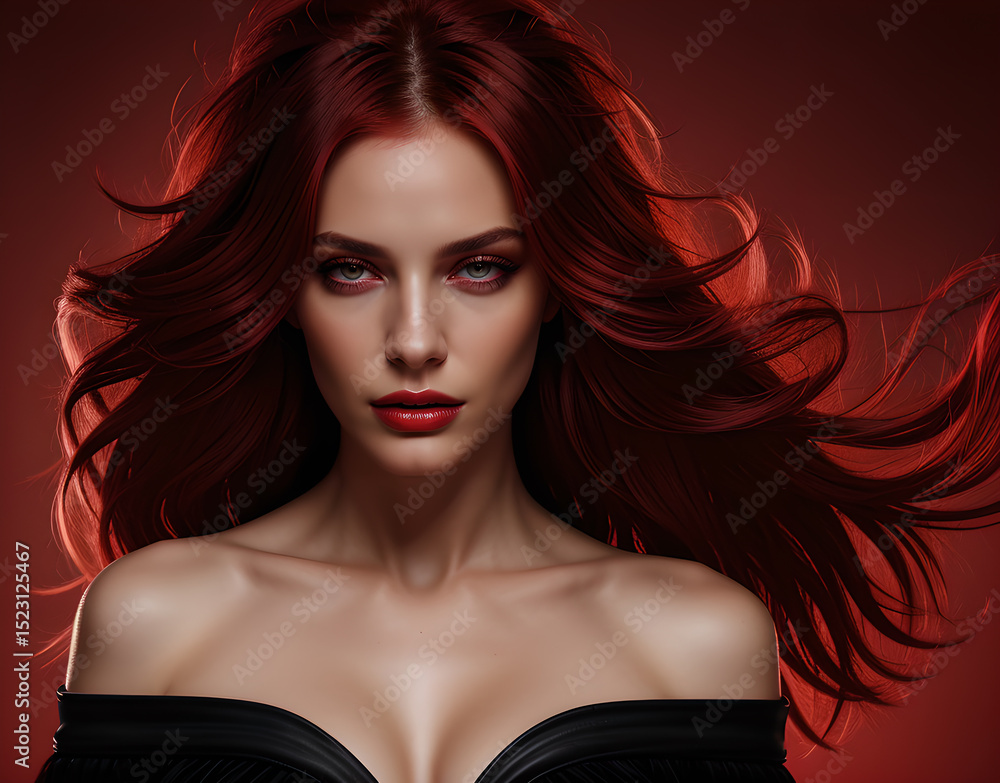 Fototapeta premium women's hair coloured in an intense ruby colour. Hair colouring red in modern shades. Cherry red hair, loose waves. Illustration for cover, advertising, marketing or presentation trendy red outfit