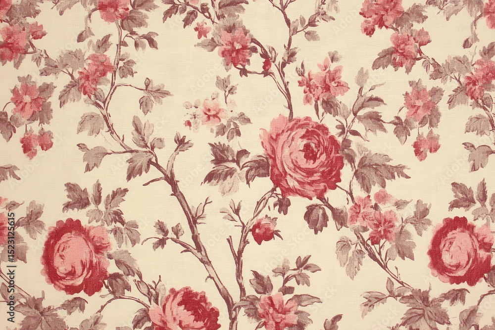 Fototapeta Beautiful floral fabric pattern with red roses and green leaves on a cream background, perfect for home decor projects and upholstery