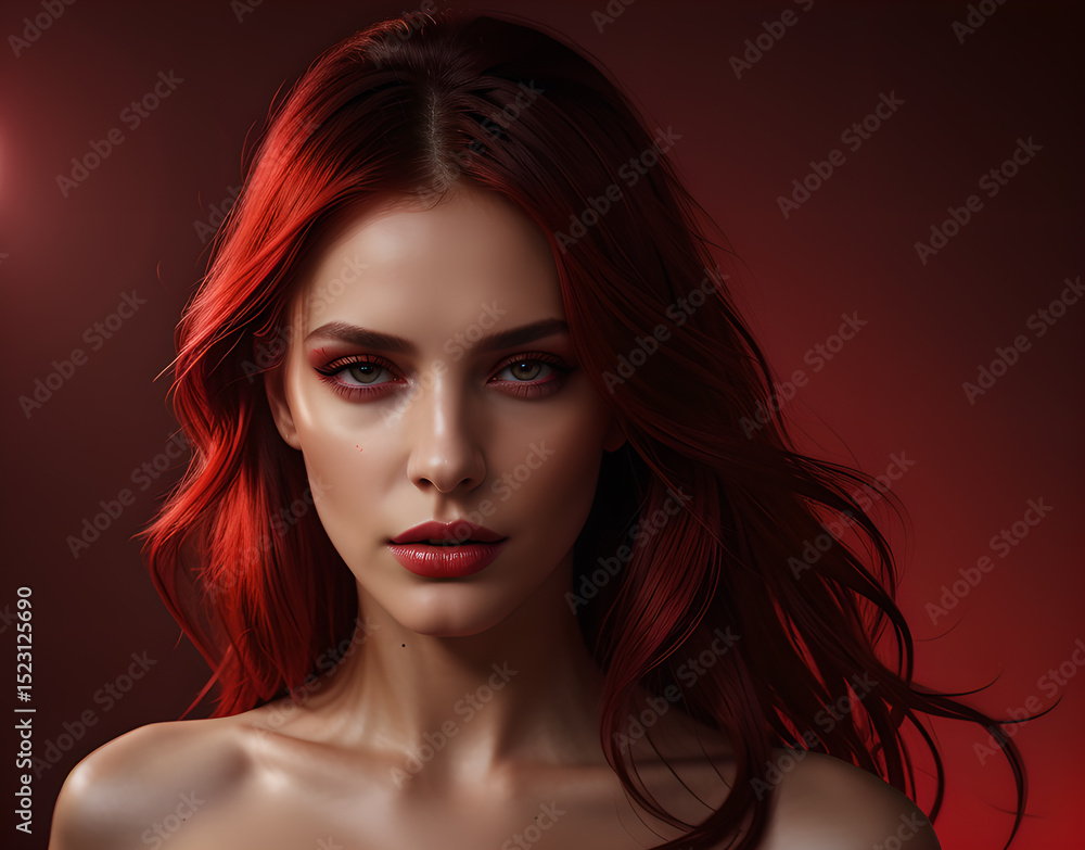 Fototapeta premium women's hair coloured in an intense ruby colour. Hair colouring red in modern shades. Cherry red hair, loose waves. Illustration for cover, advertising, marketing or presentation trendy red outfit