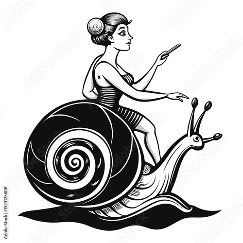 Elegant Woman Riding a Snail in a Stylized Black and White Illustration