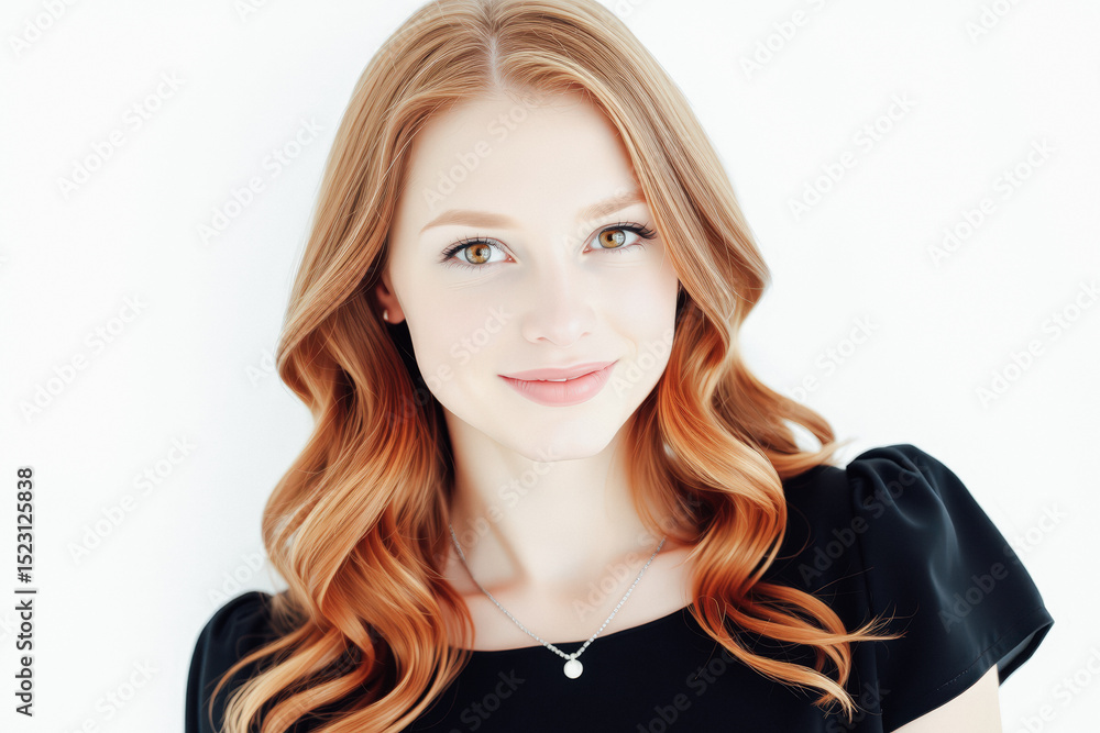 Naklejka premium Beautiful Woman with Vibrant Reddish-Brown Hair and a Necklace