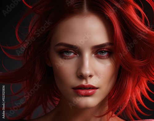 Wallpaper Mural women's hair coloured in an intense ruby colour. Hair colouring red in modern shades. Cherry red hair, loose waves. Illustration for cover, advertising, marketing or presentation trendy red outfit Torontodigital.ca