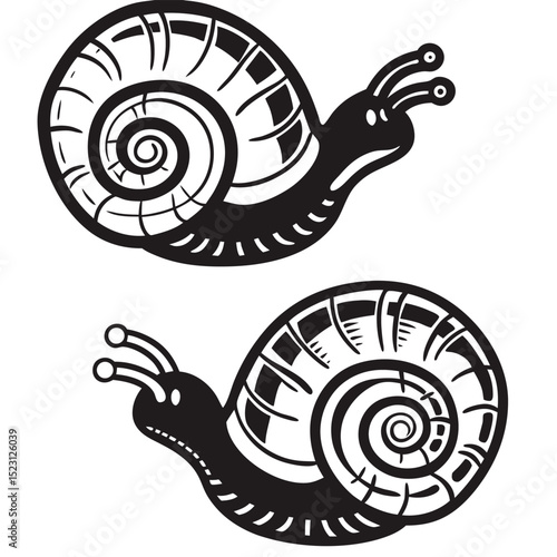 Two Black and White Snail Illustrations with Detailed Shells and Antennae