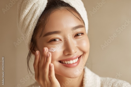 Asian Woman Doing Beauty Procedure Smiling Face Care Wellness and Health
