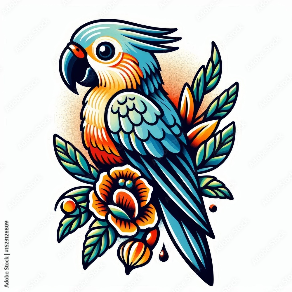 Fototapeta premium Vibrant Parrot with Botanical Accents, Modern Take on Classic Tattoo Style