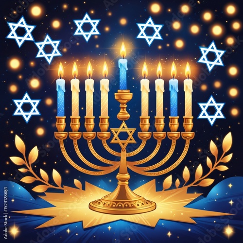 Glowing Hanukkah Menorah with Candles and Stars of David Illustration