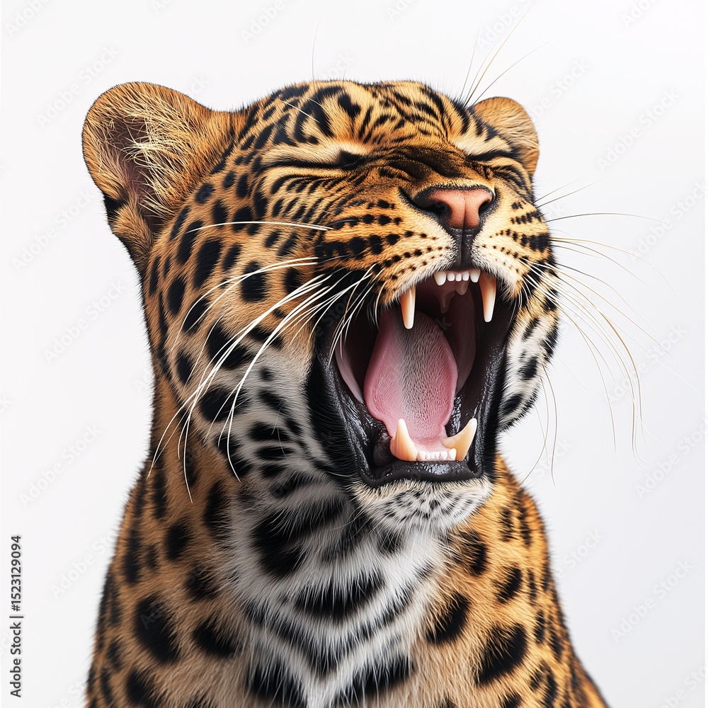 Fototapeta premium Captivating Close-Up of a Vibrant Yawning Leopard in Its Natural Habitat - A Majestic Predator and Endangered Species in the Savanna