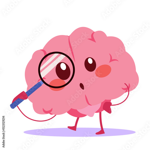 Cartoon of a brain character actively searching for something. Drawing for memory, study or exploration concepts