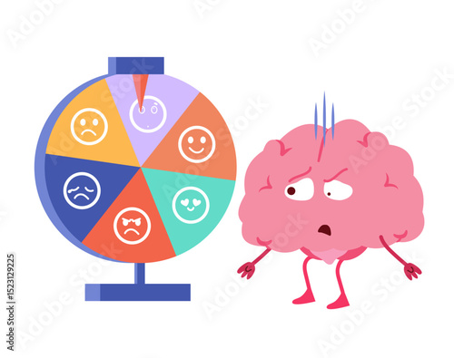 Cartoon vector illustration of a brain trying to decide using a wheel of emotions. Drawing for emotional intelligence and mental health designs