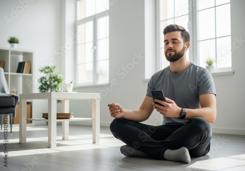 Young Man Using Meditation App for Relaxation