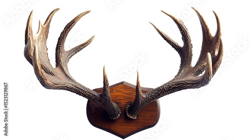 Deer Antler Trophy for Hunting Lodge or Decor Mounted set of mature deer antlers with wooden plaque perfect for use as a hunting trophy or rustic interior decor. The antlers are detailed, showing text