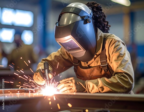Woman welder working in a factory