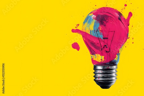 A colorful light bulb is splattered with bright pink, blue, and yellow paint on a vivid yellow background. This artwork represents creativity and inspiration in design and innovation