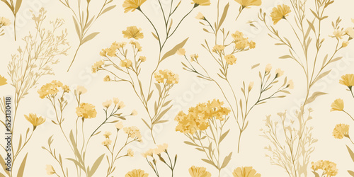 Delicate Golden Wildflowers Seamless Pattern. Ethereal Botanical Meadow Repeat Background for design, textile, packaging, fabric, wallpaper, packaging, branding, stationery, wrapping paper decor