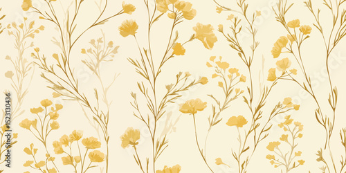 Delicate Golden Wildflowers Seamless Pattern. Ethereal Botanical Meadow Repeat Background for design, textile, packaging, fabric, wallpaper, packaging, branding, stationery, wrapping paper decor