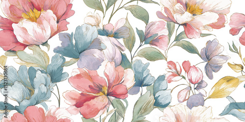 Elegant Watercolor Floral Seamless Pattern with Gold Accents. Luxurious Modern Botanical Repeat for design, textile, packaging, fabric, wallpaper, branding, stationery, wrapping paper interior decor