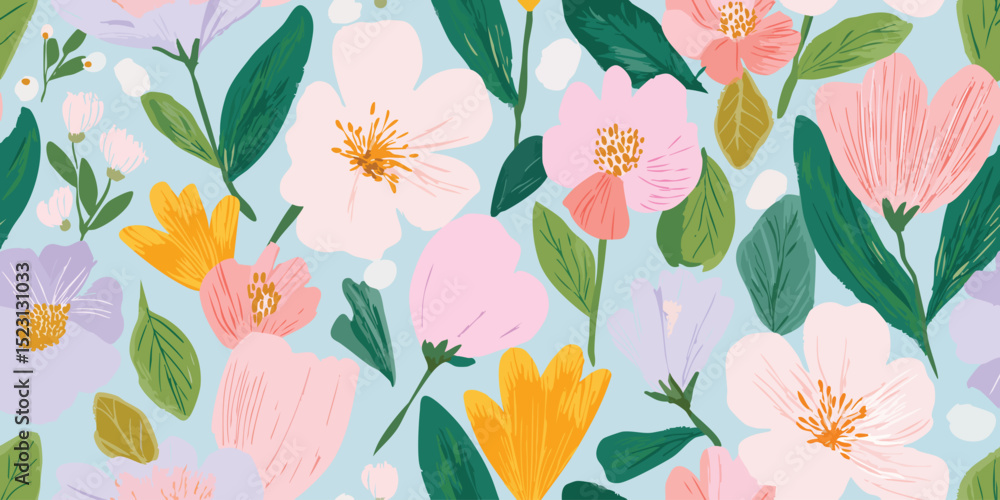 Joyful Modern Flat Floral Seamless Pattern. Vibrant Spring Summer Garden Bloom Design for trendy design, textile, packaging, fabric, wallpaper, branding, stationery, wrapping paper interior decor Joyful Modern Flat Floral Seamless Pattern. Vibrant Spring Summer Garden Bloom Design for trendy design, textile, packaging, fabric, wallpaper, branding, stationery, wrapping paper interior decor