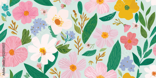 Joyful Modern Flat Floral Seamless Pattern. Vibrant Spring Summer Garden Bloom Design for trendy design, textile, packaging, fabric, wallpaper, branding, stationery, wrapping paper interior decor