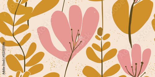 Modern Boho Abstract Floral Seamless Pattern. Stylized Warm Botanical Graphic Print for trendy design, textile, packaging, fabric, wallpaper, branding, stationery, wrapping paper interior decor