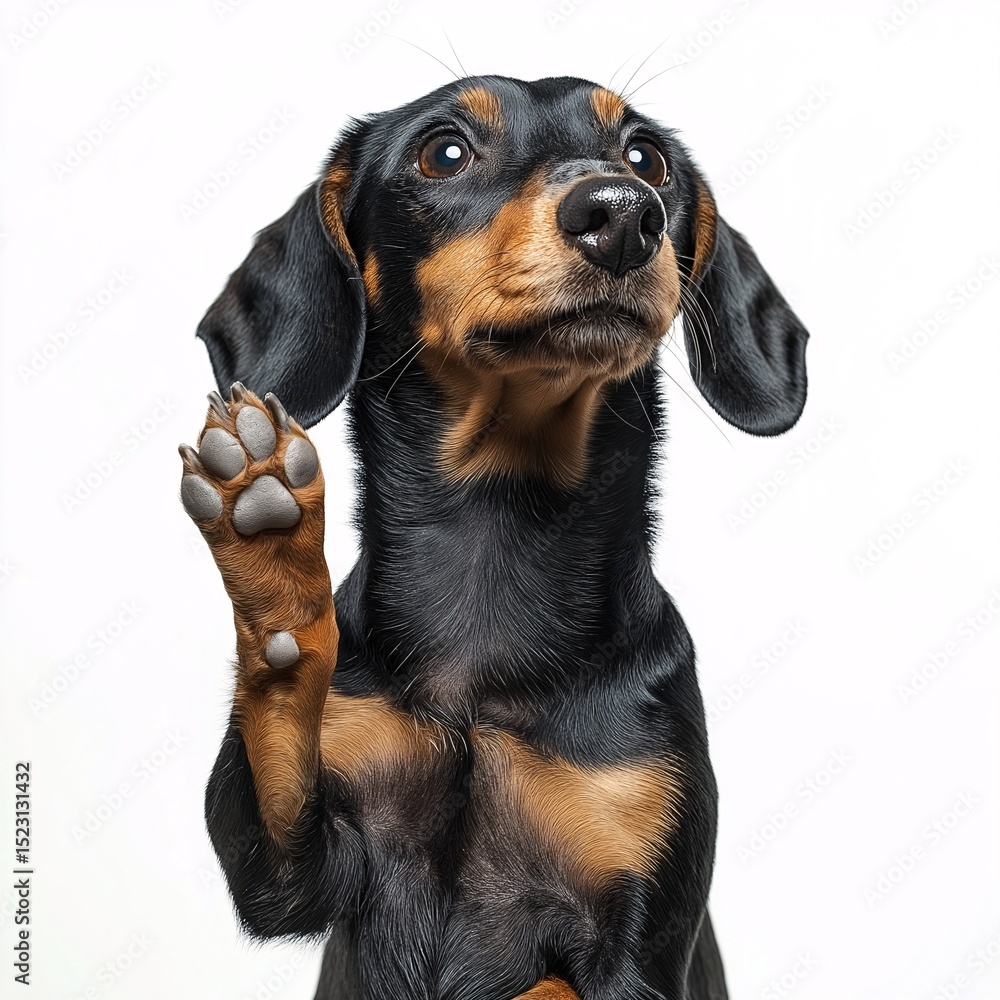 Adorable Black Dachshund. Playful Pet with Raised Paw - Cute and Lovable Portrait of a Purebred Dog Adorable Black Dachshund. Playful Pet with Raised Paw - Cute and Lovable Portrait of a Purebred Dog