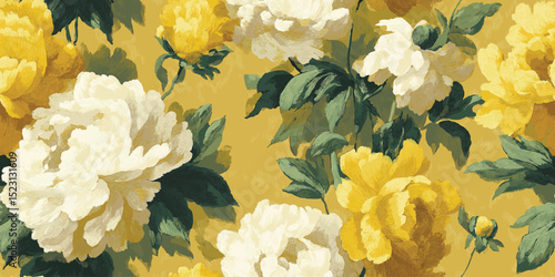 Luxurious Golden Yellow Peony Floral Seamless Pattern. Opulent Painterly Botanical Bloom Design trendy design, textile, packaging, fabric, wallpaper branding, stationery, wrapping paper interior decor