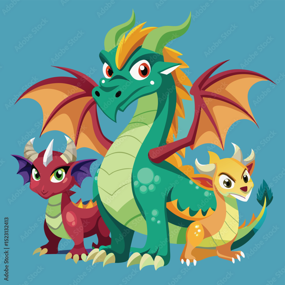 Obraz premium Three Colorful Cartoon Dragons Standing Together on a Blue Background