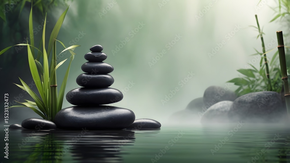 Zen stone stack in tranquil water with bamboo and green plants, peaceful spa and meditation background in nature with foggy forest ambiance Zen stone stack in tranquil water with bamboo and green plants, peaceful spa and meditation background in nature with foggy forest ambiance