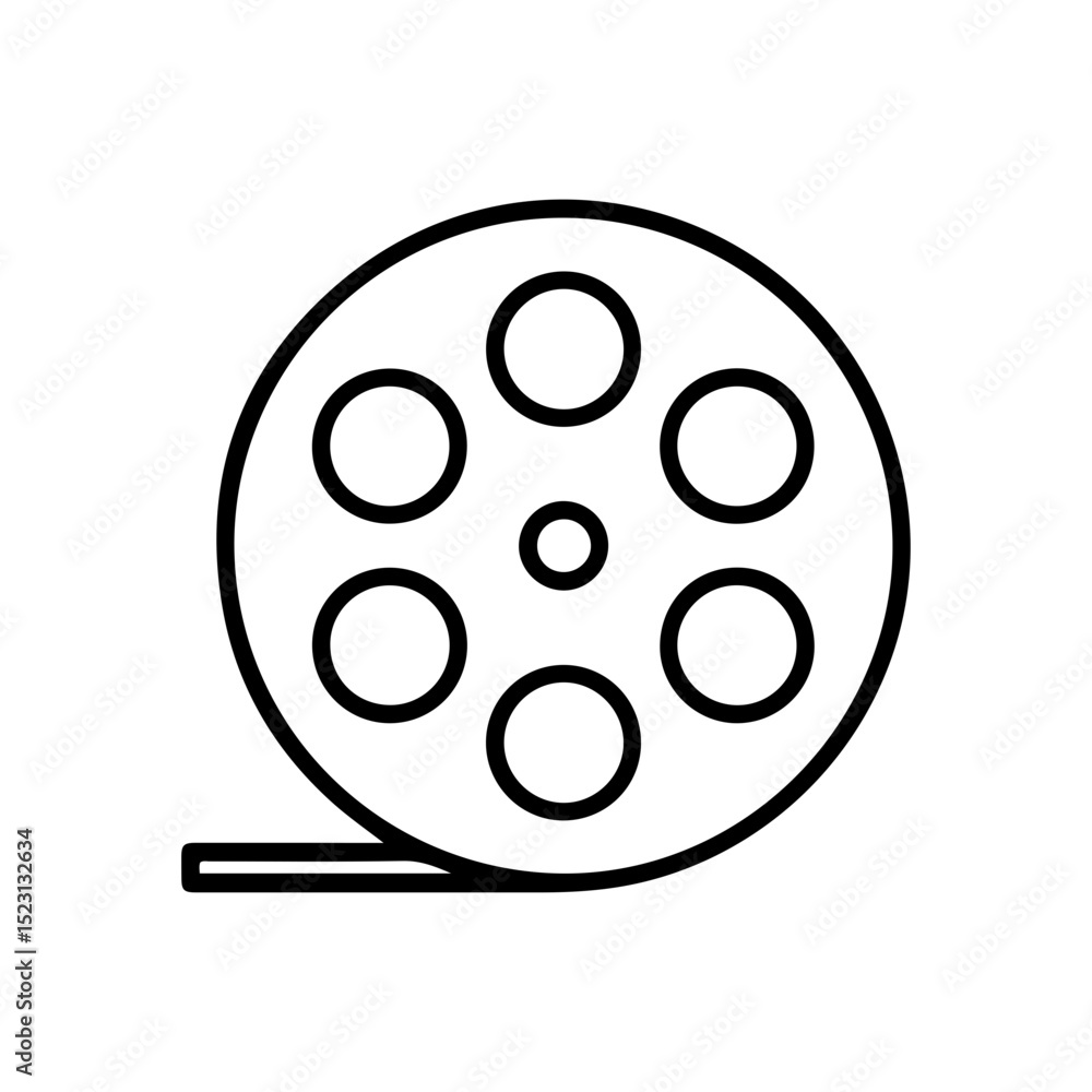 Minimalist line icon of film reel, representing cinema, video production, and entertainment industry Minimalist line icon of film reel, representing cinema, video production, and entertainment industry