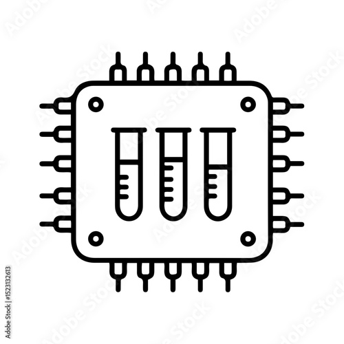 Minimalist line icon of microchip with test tubes, symbolizing synthetic biology, lab technologies, and bioengineering computation