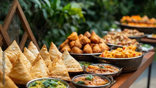 Table Laden with Samosas and Assorted Dishes at a Lush Outdoor Wedding Celebration