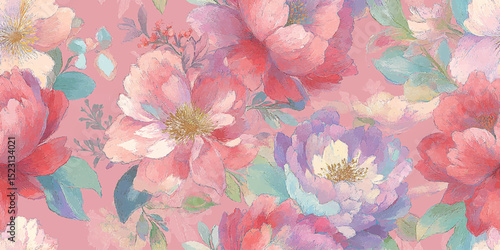 Romantic Pastel Peony Floral Seamless Pattern. Soft Painterly Botanical Bloom Design for trendy design, textile, packaging, fabric, wallpaper, branding, stationery, wrapping paper interior decor