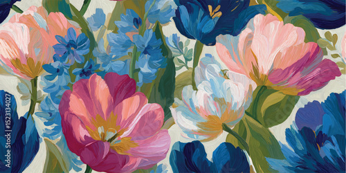 Vibrant Painterly Tulip Floral Seamless Pattern. Bold Brushstroke Bloom Design for trendy design, textile, packaging, fabric, wallpaper, branding, stationery, wrapping paper interior decor