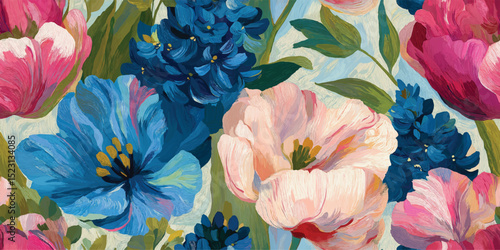 Vibrant Painterly Tulip Floral Seamless Pattern. Bold Brushstroke Bloom Design for trendy design, textile, packaging, fabric, wallpaper, branding, stationery, wrapping paper interior decor