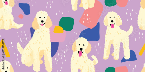 Playful Golden Doodle Dog Seamless Pattern. Cute Cartoon Canine Abstract Design for trendy design, textile, packaging, fabric, wallpaper, branding, stationery, wrapping paper interior decor