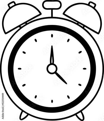 A simple black and white outline of an old fashioned retro alarm clock illustration for design and time related concepts.